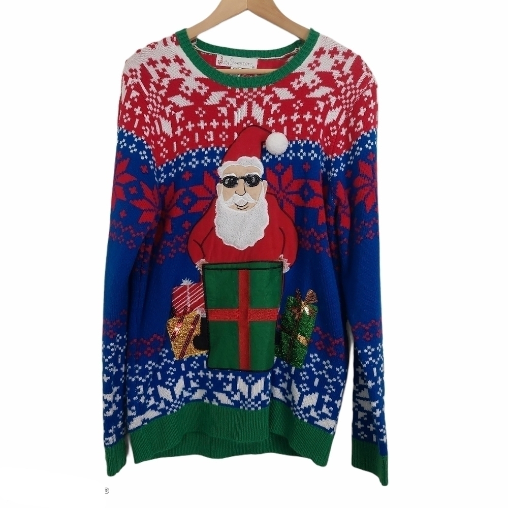JOLLY SWEATERS Men's Ugly Christmas Sweater Size M Santa Pouch Pocket for Drink